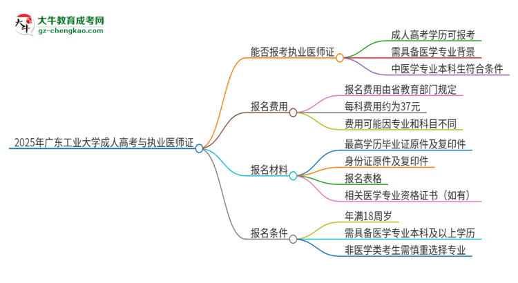 2025年廣東工業(yè)大學(xué)的成人高考學(xué)歷能報(bào)考執(zhí)業(yè)醫(yī)師證嗎？思維導(dǎo)圖