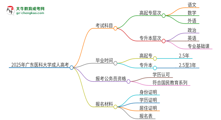 2025年廣東醫(yī)科大學(xué)成人高考入學(xué)考試考幾科？思維導(dǎo)圖