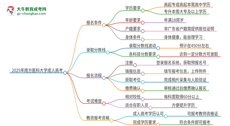 2025年南方醫(yī)科大學(xué)成人高考能考教資嗎？思維導(dǎo)圖