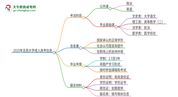 2025年五邑大學成人高考入學考試考幾科？思維導圖