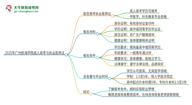 2025年廣州航海學(xué)院的成人高考學(xué)歷能報(bào)考執(zhí)業(yè)醫(yī)師證嗎？思維導(dǎo)圖