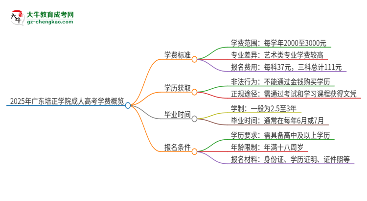 2025年廣東培正學院成人高考一年學費要多少？思維導圖