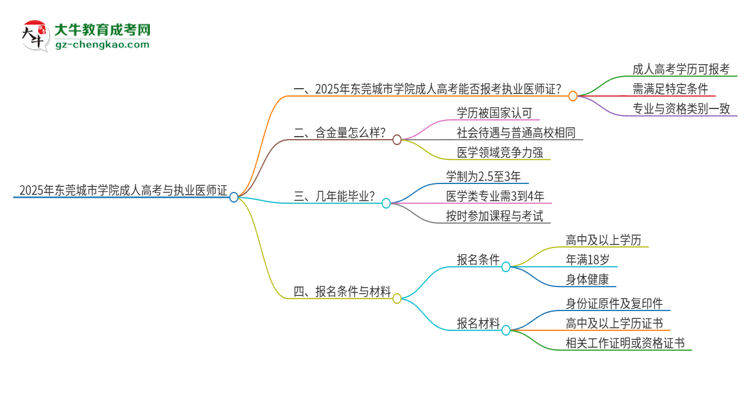 2025年東莞城市學(xué)院的成人高考學(xué)歷能報(bào)考執(zhí)業(yè)醫(yī)師證嗎？思維導(dǎo)圖
