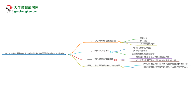 2025年暨南大學(xué)成考護(hù)理學(xué)專業(yè)入學(xué)考試科目有哪些？思維導(dǎo)圖