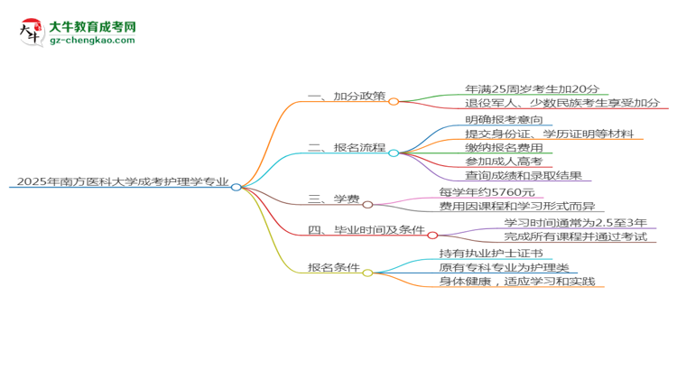 2025年南方醫(yī)科大學(xué)成考護(hù)理學(xué)專(zhuān)業(yè)最新加分政策及條件思維導(dǎo)圖