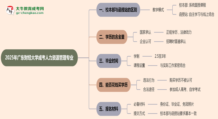 廣東財經大學2025年成考人力資源管理專業(yè)校本部和函授站哪個更好？思維導圖