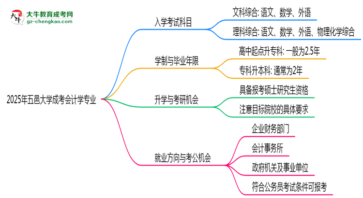 2025年五邑大學(xué)成考會(huì)計(jì)學(xué)專業(yè)入學(xué)考試科目有哪些？思維導(dǎo)圖
