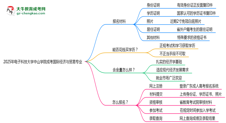 2025年電子科技大學(xué)中山學(xué)院成考國際經(jīng)濟(jì)與貿(mào)易專業(yè)報(bào)名材料需要什么？思維導(dǎo)圖