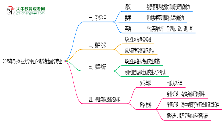 2025年電子科技大學(xué)中山學(xué)院成考金融學(xué)專業(yè)入學(xué)考試科目有哪些？思維導(dǎo)圖