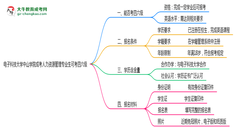 電子科技大學中山學院2025年成考人力資源管理專業(yè)生可不可以考四六級？思維導圖