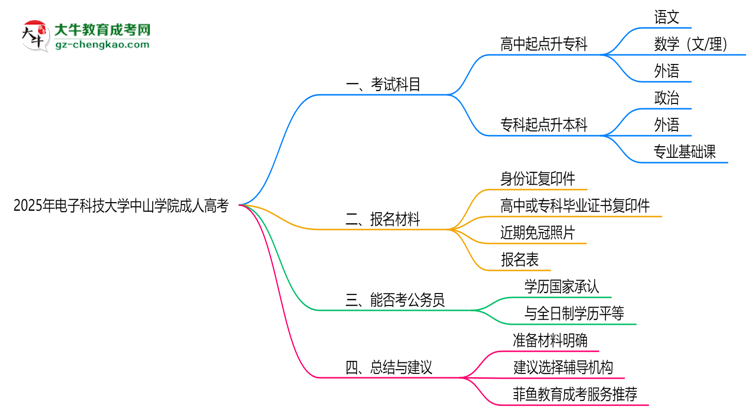 2025年電子科技大學(xué)中山學(xué)院成人高考入學(xué)考試科目有哪些？思維導(dǎo)圖