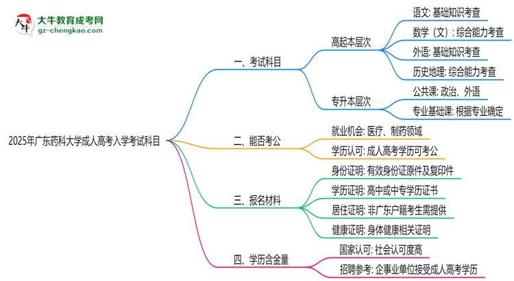 2025年廣東藥科大學(xué)成人高考入學(xué)考試科目有哪些？思維導(dǎo)圖