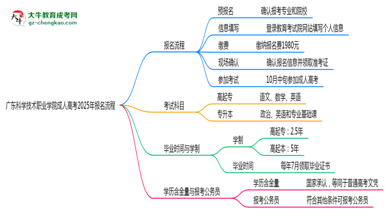 廣東科學技術職業(yè)學院成人高考2025年報名流程思維導圖