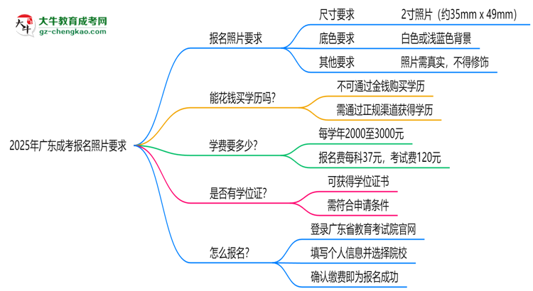 2025年廣東成考報名照片要求：尺寸+底色思維導圖