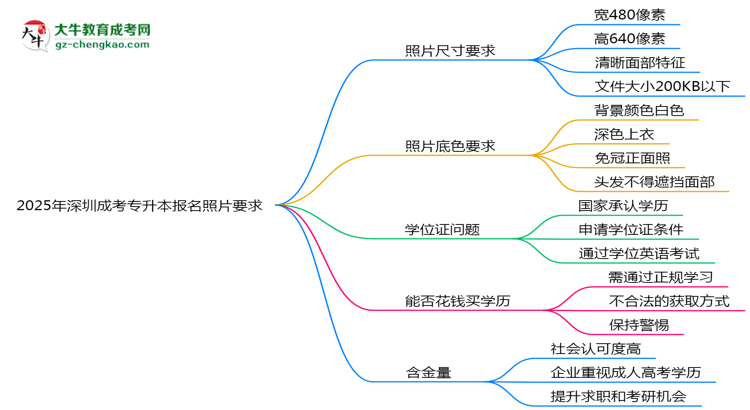 2025年深圳成考專(zhuān)升本報(bào)名照片要求：尺寸+底色思維導(dǎo)圖